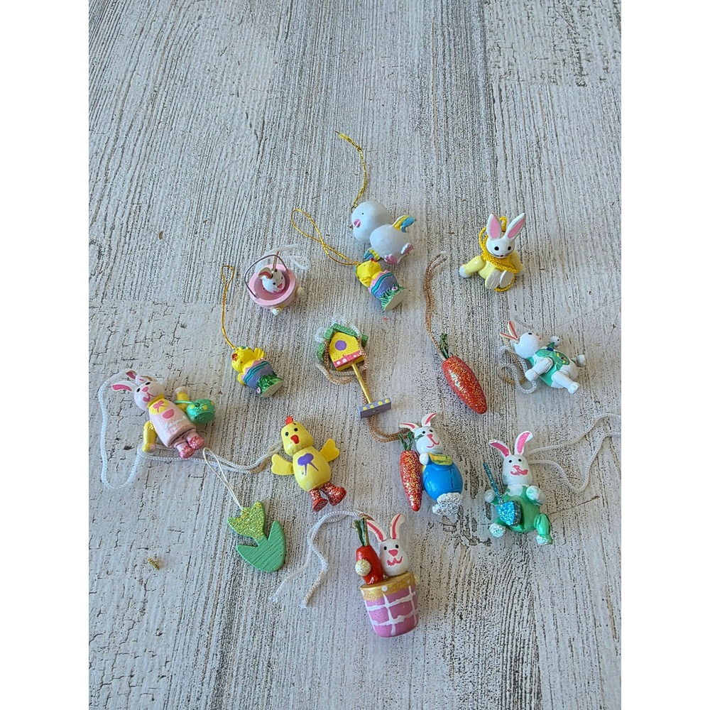 Vintage glitter Easter rabbit bunny mini ornament duck birdhouse chick chicken
